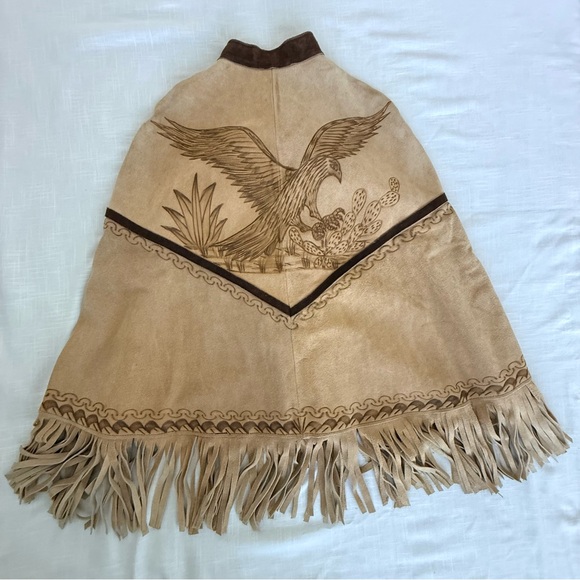 Vintage Hand Burned Pyrography Suede Leather Mexican Fringed Poncho - Picture 4 of 8
